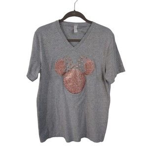 Sparkly Pink Glittered Minnie Mouse Head T Shirt Gray Size Large